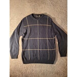 VTG BILL BLASS Men's XL Navy Blue Cotton Sweater Classic Grid Pattern Cable Knit